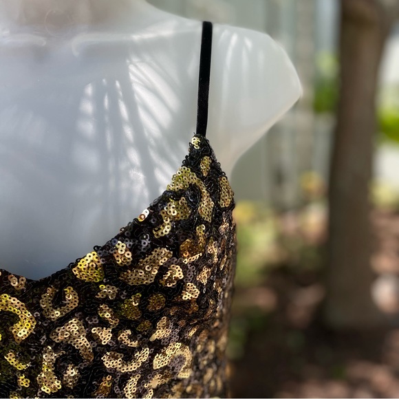 G Guess Black Sequins Mini Dress Size XS Gold Ranji Cheetah Sexy Animal Print - Picture 4 of 12